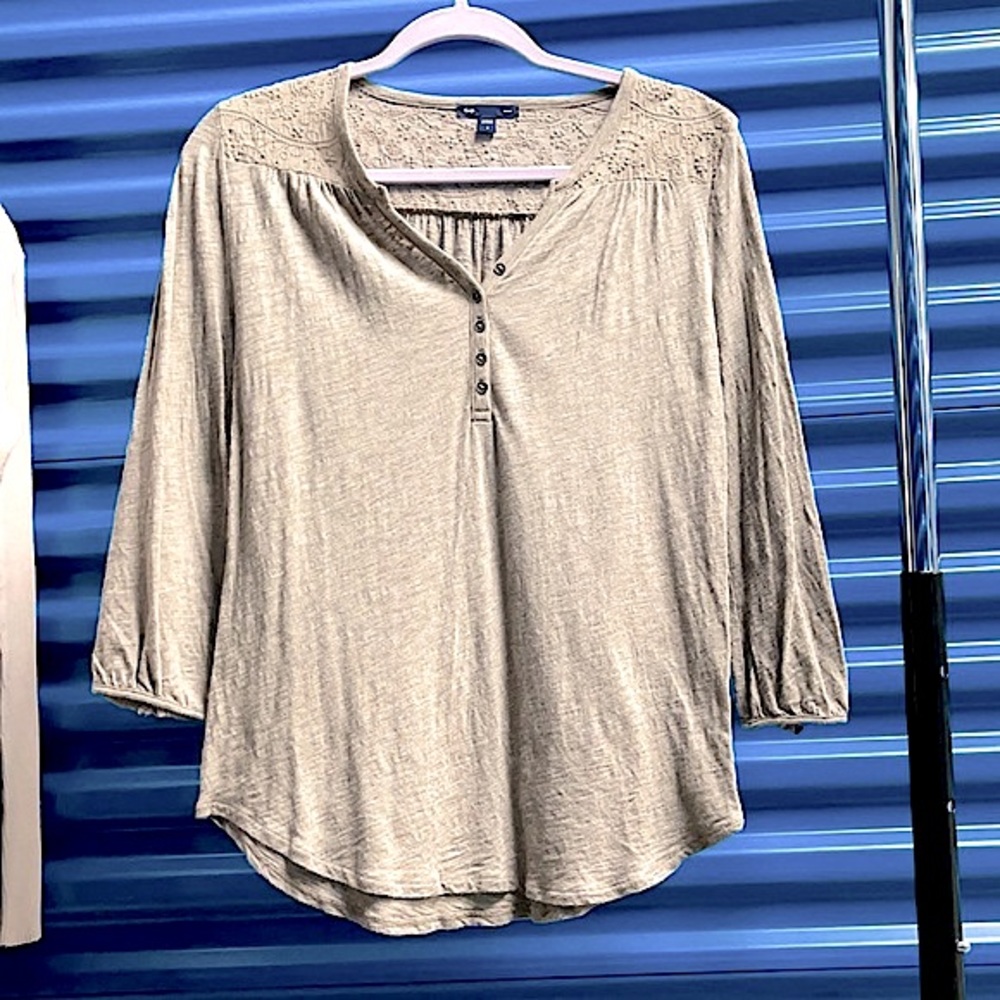 3/4 Sleeve Button up Henley Top w/ beautiful embroidered designs